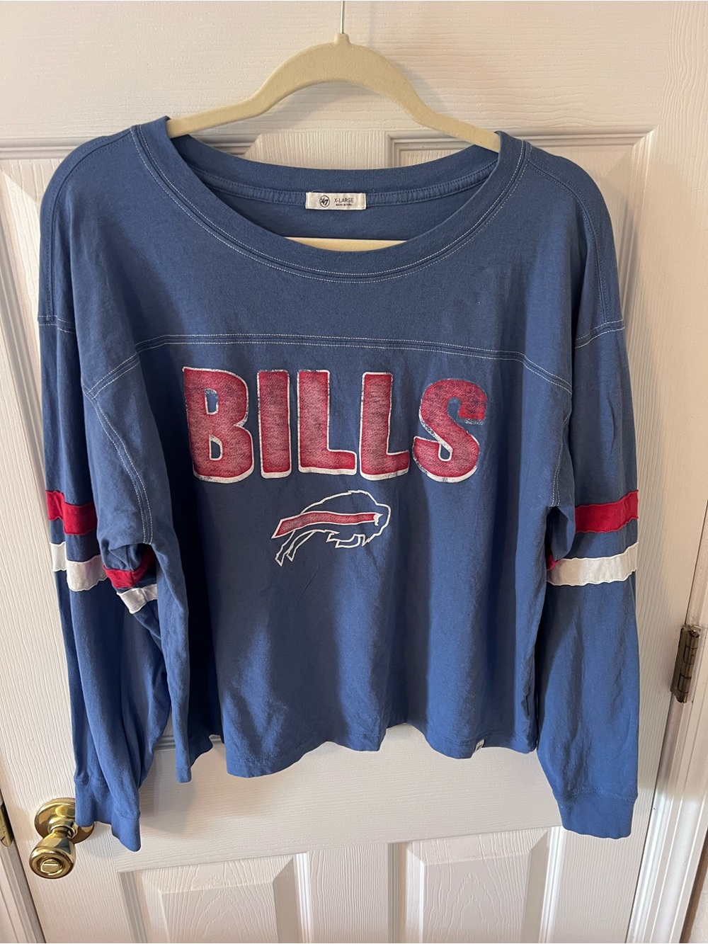 ’47 Buffalo Bills Blue Crewneck Tee with White Tag Detail - Football Long Sleeve